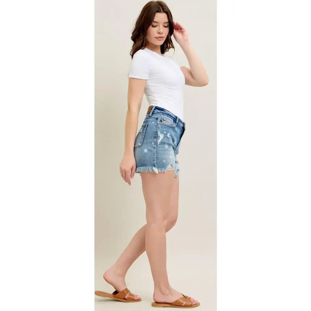 Judy Blue 150226REG (Americana) HW Star Print Cut Off Destroy Shorts Large